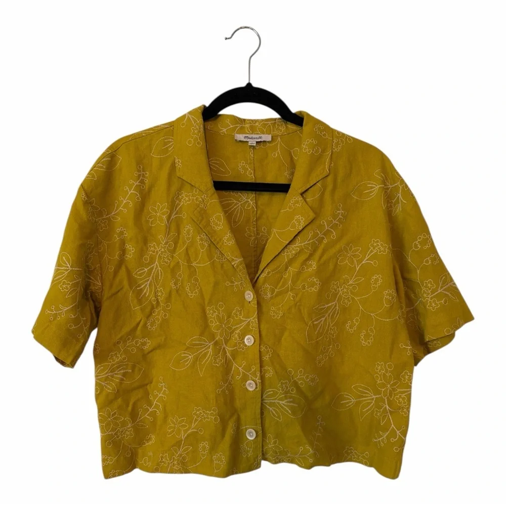 MADEWELL Embroidered Linen-Blend Resort Crop Shirt Medium - Picture 3 of 5
